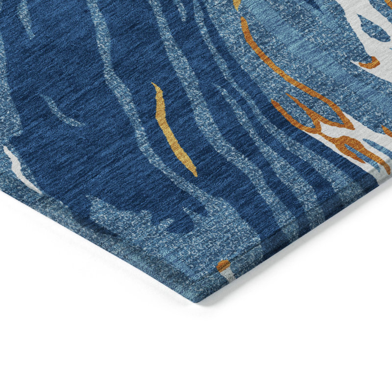 Navy and Orange Flat Woven Synthetic Washable Rug 3' x 5'