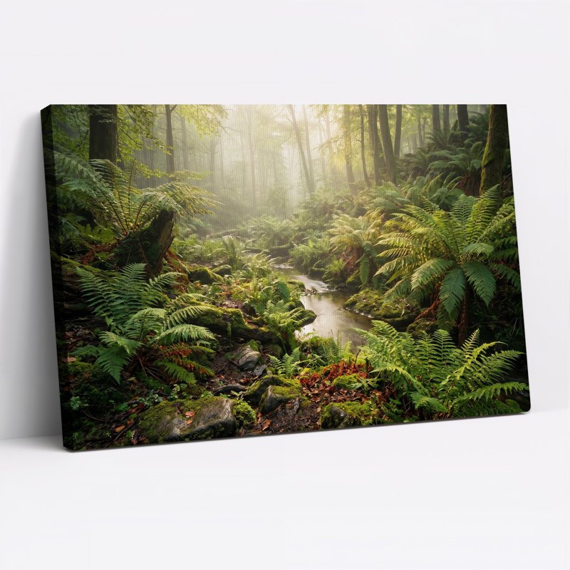 Tableau sur toile représentant un ruisseau ensoleillé entouré de fougères, H 24 po x l 36 po