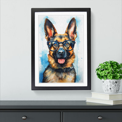 German Shepherd With Glasses - Single Picture Frame Print on Wood