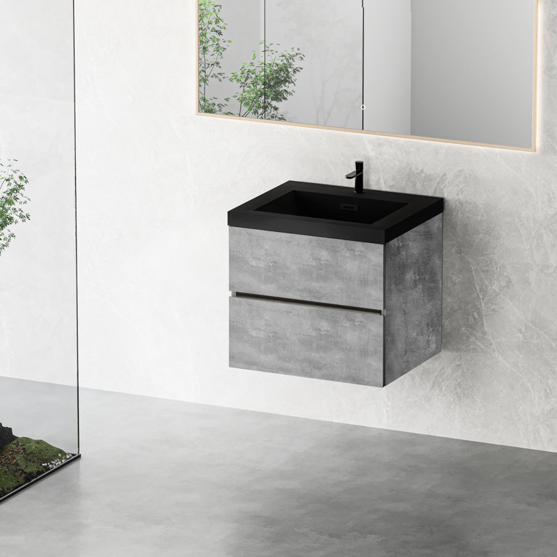 Meuble-lavabo 24 po, lavabo à sable en quartz noir, rangement gris ciment, tiroirs à fermeture en douceur, design moderne, espace, assemblage rapide, meuble-lavabo flottant avec finition à l'eau 24 po, avec armoire, facile à assembler,