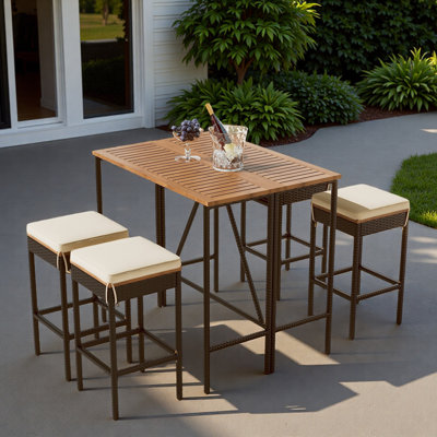 5-piece Outdoor Bar Height Table And Four Stools With Adjustable Feet, Foldable Tabletop And Cushions