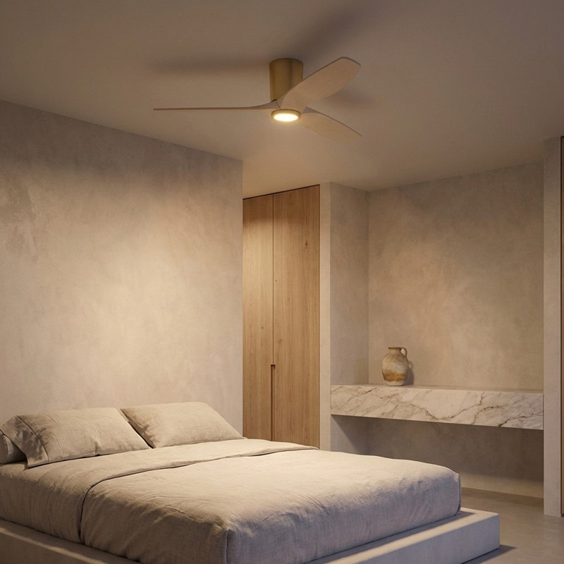 Seyra Smart Hugger LED Ceiling Fan, Washed White Oak, 52" Wide, Burnished Brass
