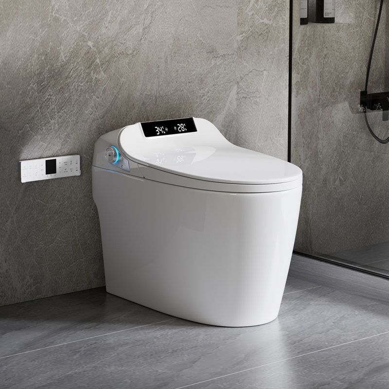 Combinaison de bidet de toilette intelligente avec couvercle / siège ouvert avec capteur de pied, buse autonettoyante, affichage à DEL, siège / flux d'air chauffant à trois niveaux, veilleuse, commande à bouton, fermeture douce, chasse automatique, avec télécommande
