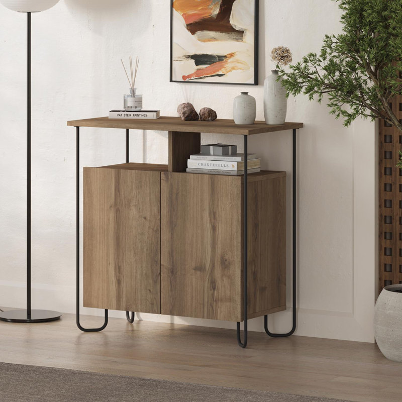 Cornea 2 Door Sideboard Buffet Unit with Open Shelf & Black Metal Frame, Brown