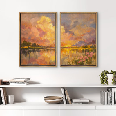 Golden Sunset Lake Landscape Framed Canvas Master Bedroom Wall Art Work 2 Pieces Print