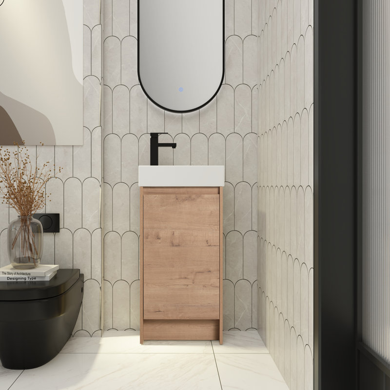 Meuble-lavabo autoportant simple 16 po avec comptoir en céramique Haefele, meuble-lavabo sur pied avec 1 porte et 1 tablette réglable
