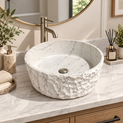 Lavabo de salle de bain vasque irrégulière à surface solide 19 "avec extérieur en pierre ciselée blanc crème