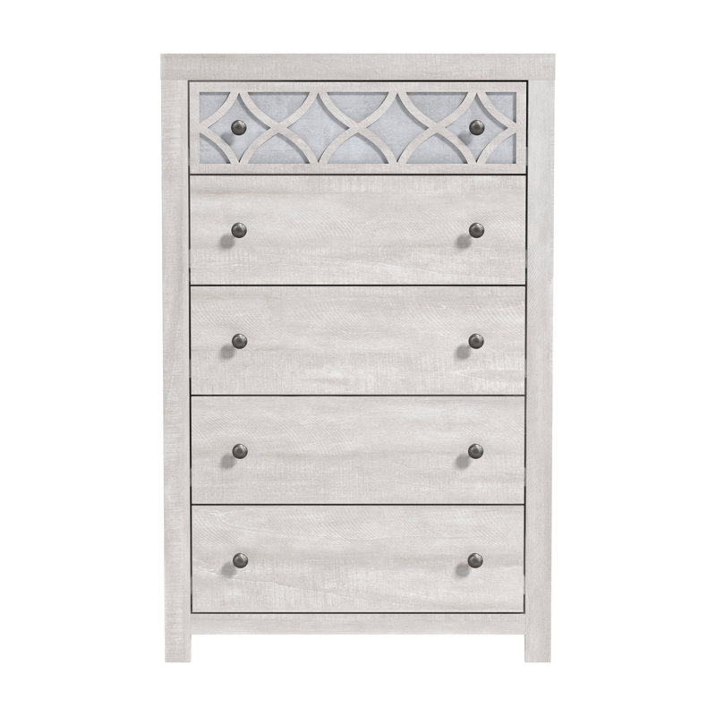 Commode 5 tiroirs Julric, Chêne gris cendré / argent aurore