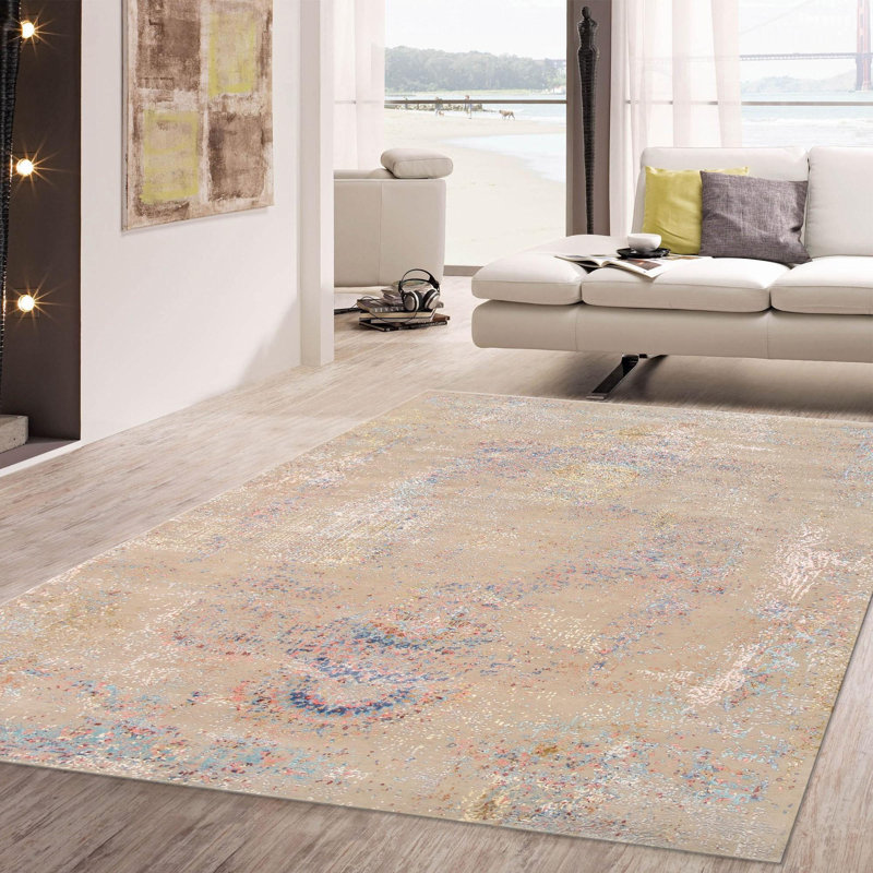 Hand Knotted Abstract Area Rug in Beige/Blue/Pink, Rectangle 9' x 12'