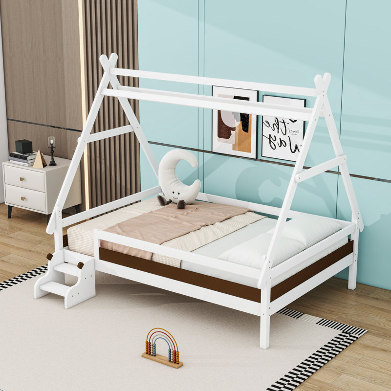 House Bed with Stairs and Roof, Full, White