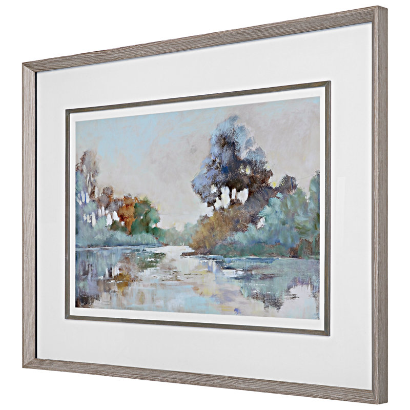 Morning Lake Blue Green Pink Watercolor Landscape Print