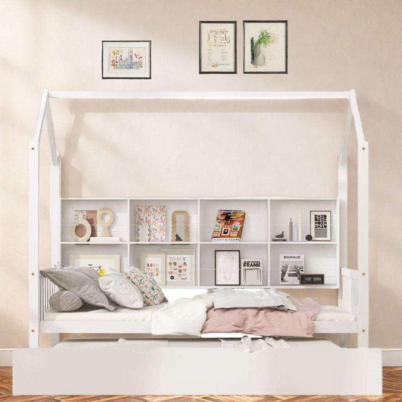 Lit en bois avec couchette et tablettes, Lit simple