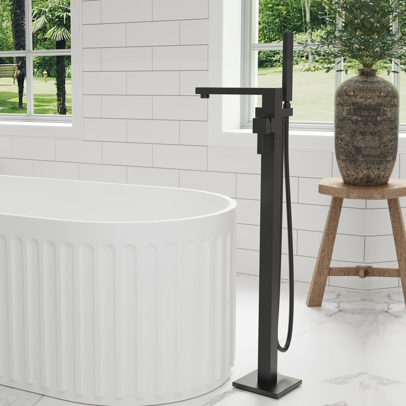 Single-Handle Floor Mounted Freestanding Bath Tub Filler with Hand Shower, Matte Black