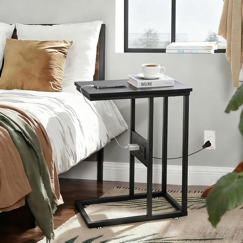 C End Table With USB And Built-In Outlets Sofa Table with Charging Station for Living Room, Black Top/Black Base