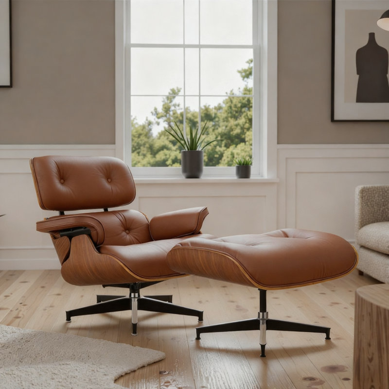 Genuine Leather Swivel Lounge Chair With Ottoman, Brown/Walnut