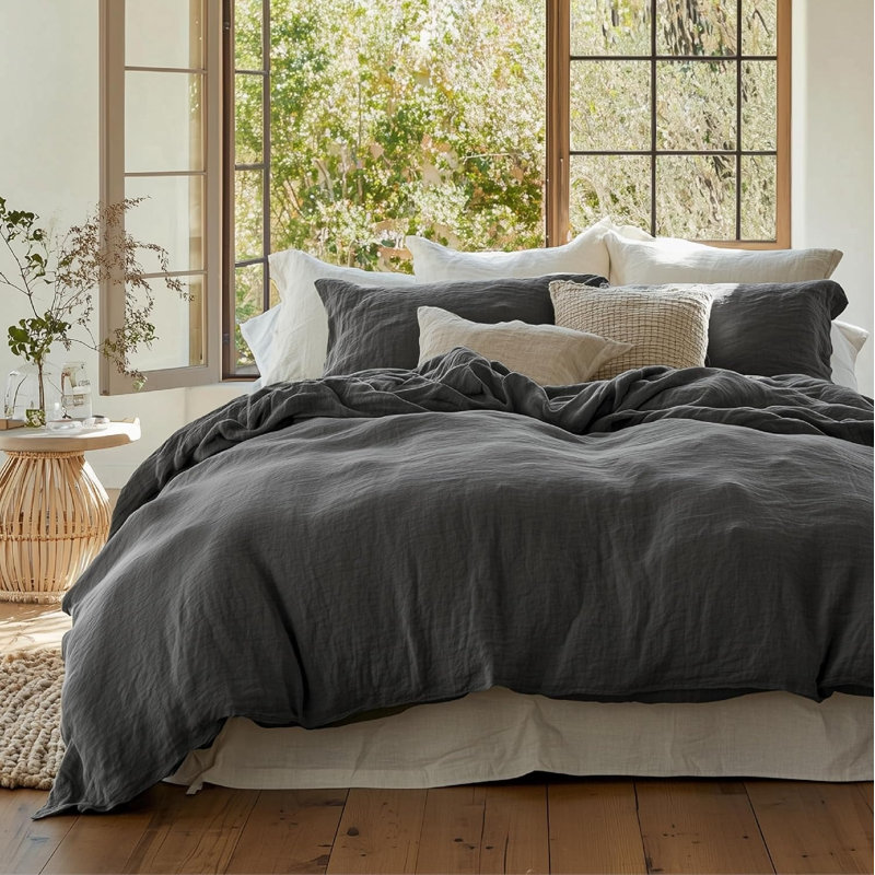 Ensemble de housse pour couette 100% coton, Housse de couette pour grand lit + 2 taies décora, Gris foncé