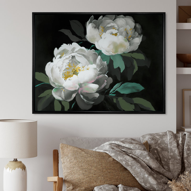 «Blooming White Peony IV», reproduction sur toile, L 32 po x H 16 po, Toile à cadre flottant noir