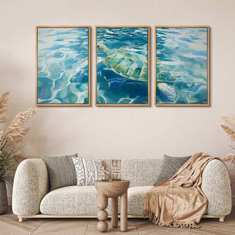 Tortue de mer nageant dans un océan bleu - reproduction d'art sur toile encadrée 3 pièces, H 36 po x l 72 po x P 1,5 po