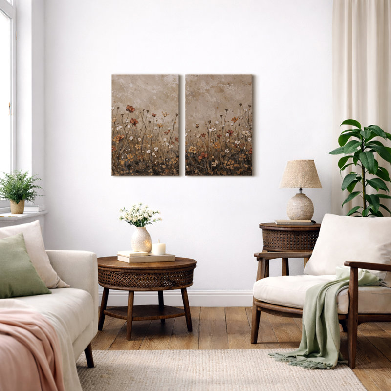 Autumn Wildflower Meadow Artwork, Living Room Pictures, Framed Canvas Giclee Print Wall Art, 36" H x 48" W, Wrapped Canvas