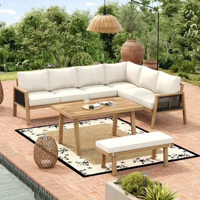 Acacia Wood Garden Lounge Set, Corner Sofa and Coffee Table with Woven Rope