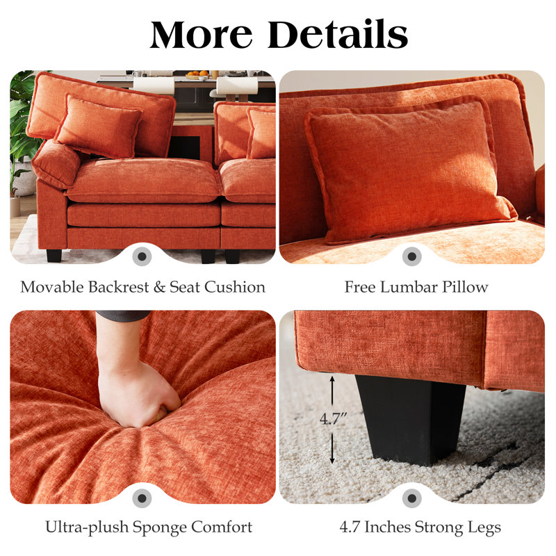 86" W U-Shaped Modular Sectional Sofa, Cloud Couch With Ottomans & Removable Cushions-Orange, Orange Cotton