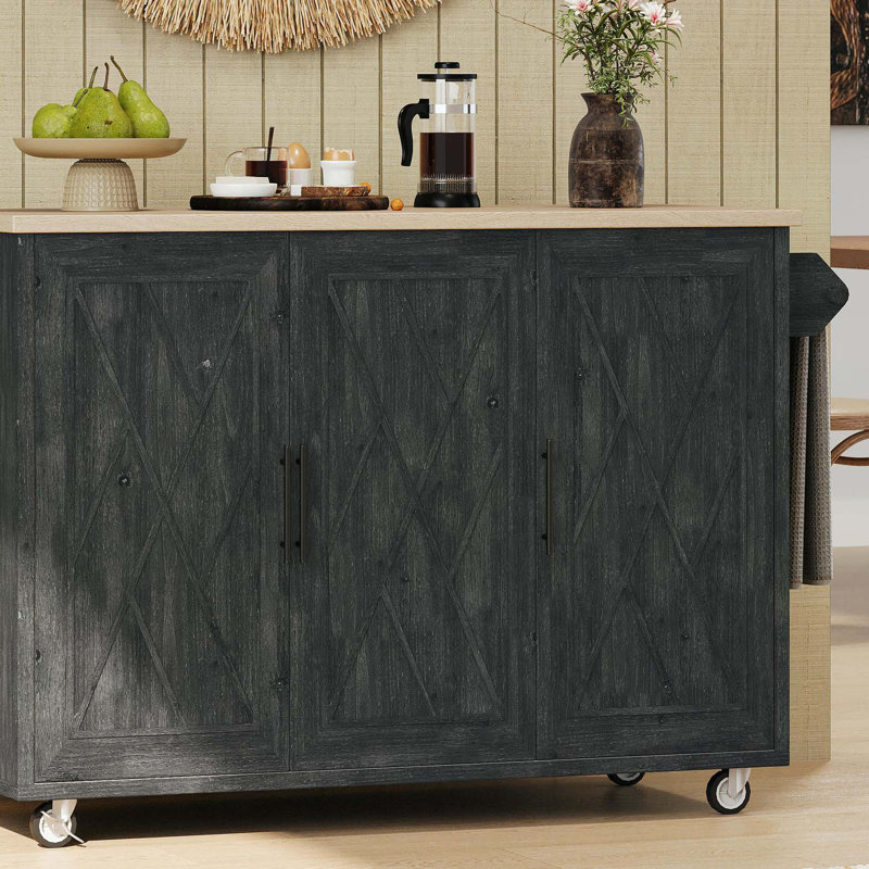 Îlot de cuisine 51,2 po à motif sergé rayé et texturé avec abattant, îlot de cuisine sur roulettes avec support de rangement interne, chariot de cuisine roulant avec porte-serviettes pour la cuisine, noir