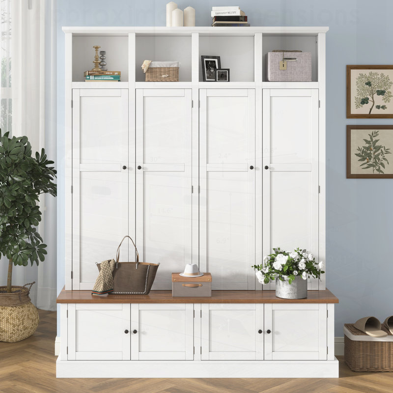Arbre d'entrée de ferme avec banc et armoire, organisateur de vestibule 4-en-1, solution de rangement moderne avec casiers ouverts et crochets pour le couloir, le vestibule, le salon