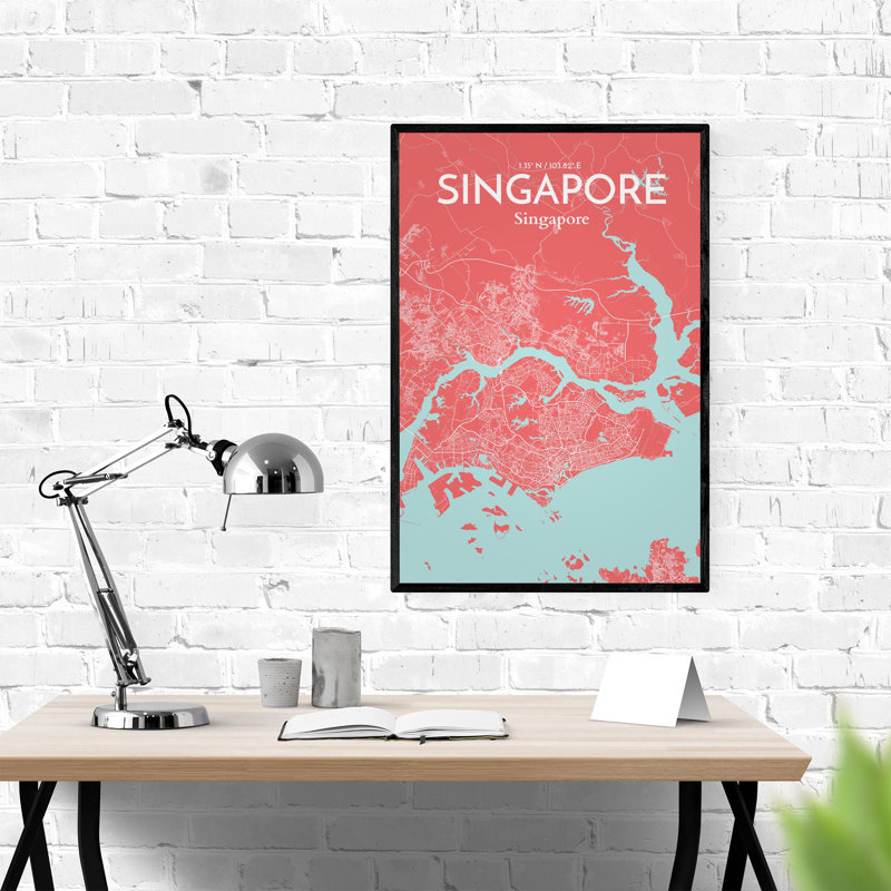 Carte de la ville de Singapour, impression, Rose / bleu pastel, H 36 po x l 24 po