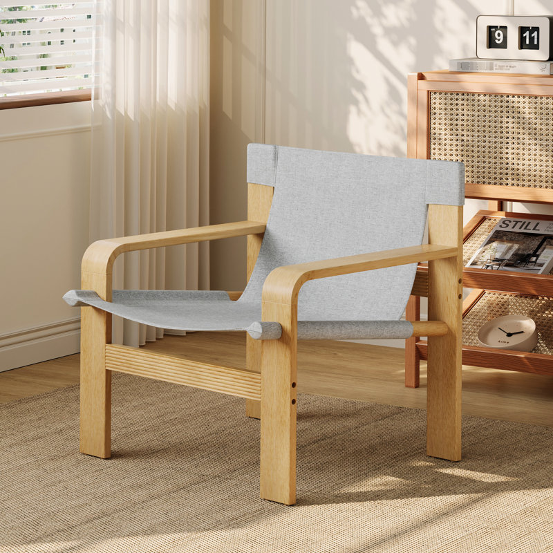 Detachable And Washable Grey Oak Accent Chair With Wide Solid Wood Frame, For Bedroom, Balcony Study - Mid Century Linen Fabric Lounge Cover, Comfort In Living Room, Office Bedroom Design