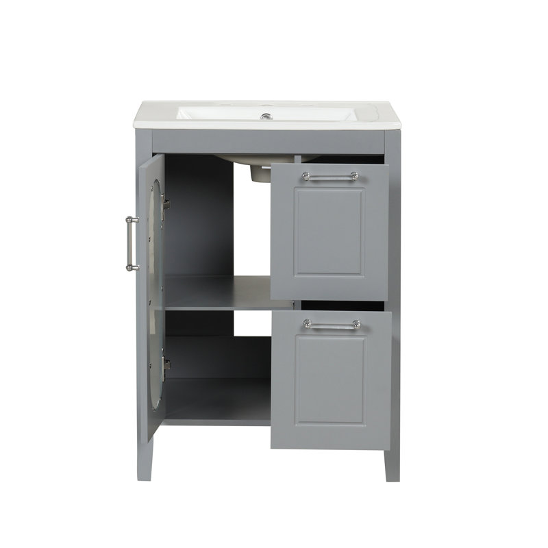 Meuble-lavabo 24 po avec lavabo, meuble-lavabo avec deux tiroirs et porte, tablette réglable, bois massif et panneau de fibres à densité moyenne, gris