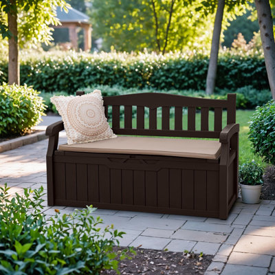 80 Gallon Lockable Outdoor Storage Bench Deck Box, Waterproof Patio Storage Box for Cushions, Garden Tools, Pool Supplies, Outdoor Seating & Garden Decor