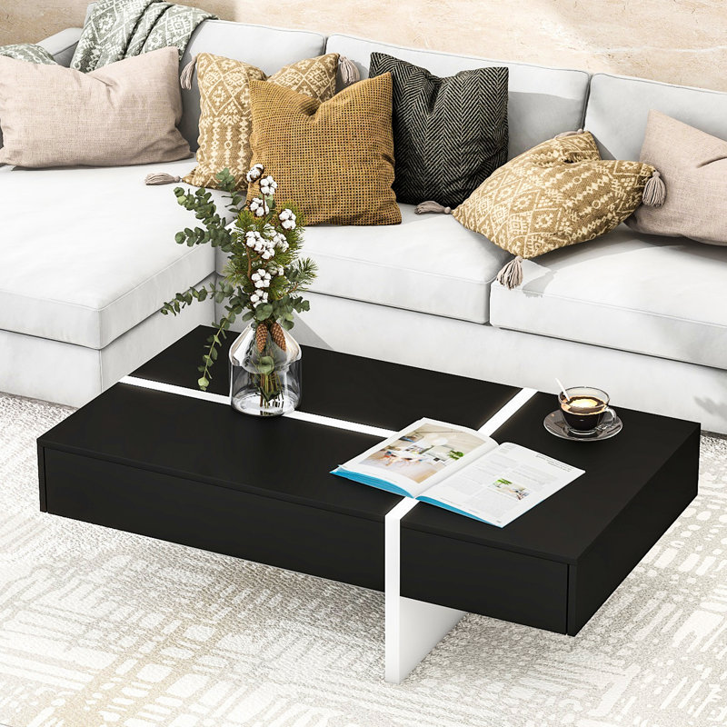Table basse de centre de table moderne avec finition hydrofuge et base noire Table de salon rectangulaire contemporaine, longueur 45,3 po, surface de tiroir