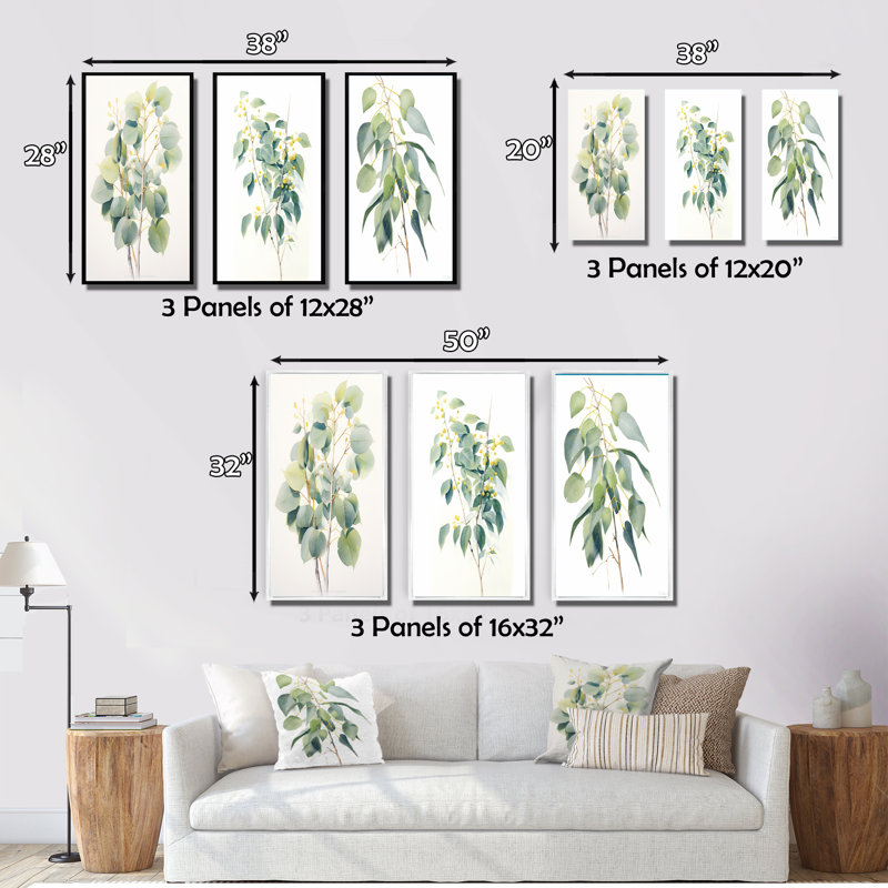 «Green White Minimalisme Eucalyptus Essence I», 3 pièces sur toile, H 28 po x l 36 po, Cadre flottant noir