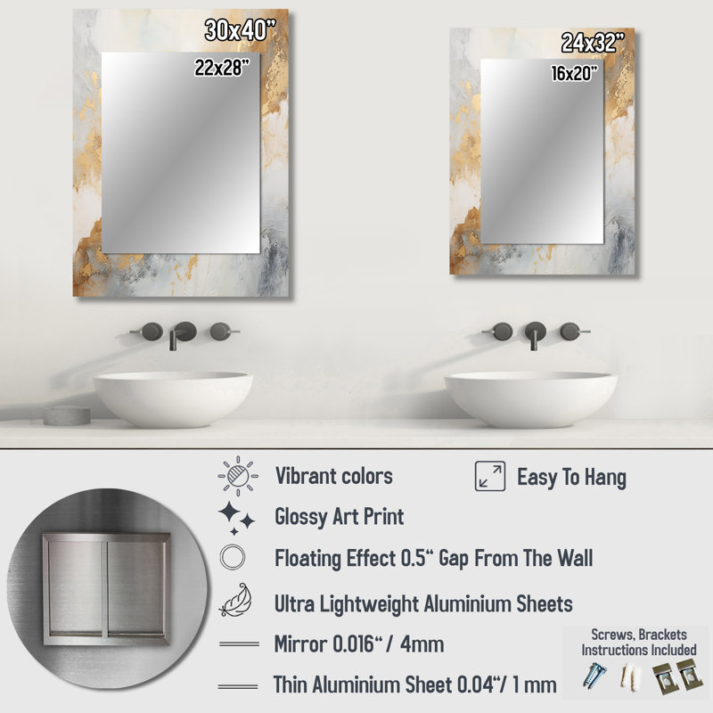 Gold And White Magic Marble Geode III - Marble Unique Wall Mirror, Modern Mirror, Printed Metal Art, 40" x 30"