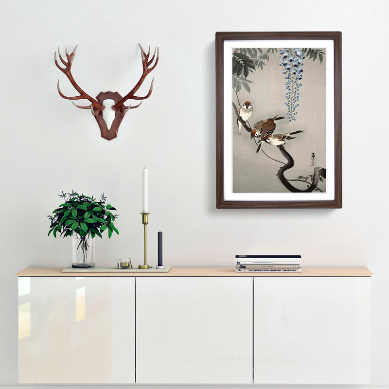 Sparrows at Wisteria by Ohara Koson - Framed Print, Walnut Framed, 48cm H x 36cm W x 2cm D