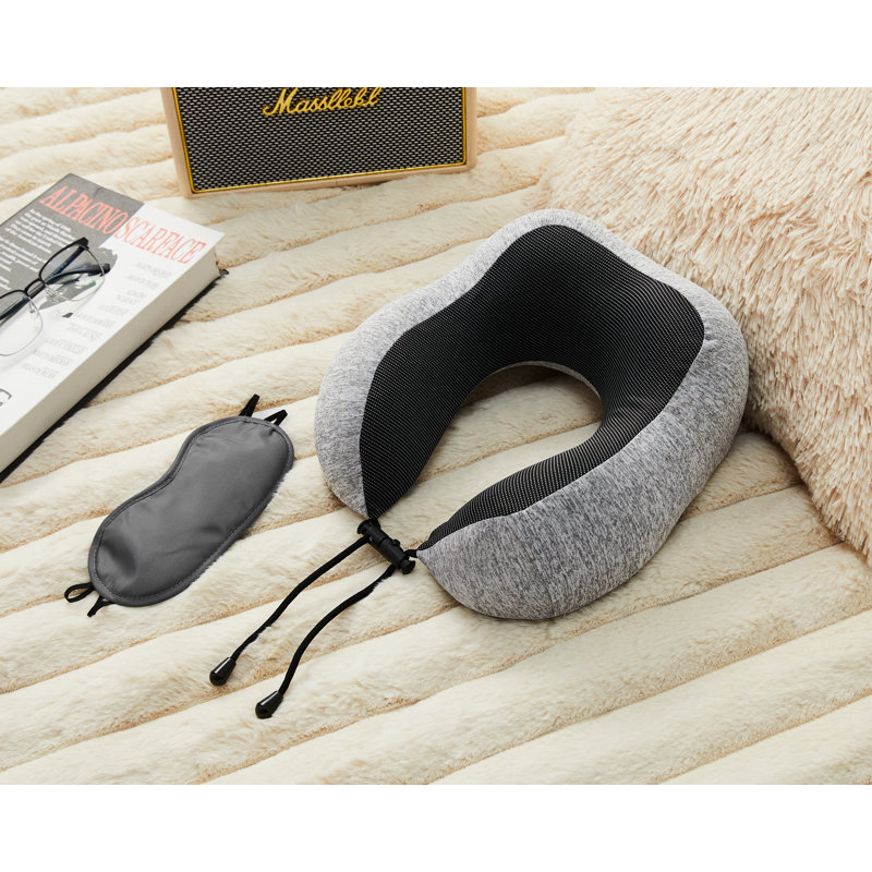 Memory Foam Neck Support Pillow with Breathable Cover & Eye Mask, Ergonomic Cushion for Travel, Home & Office Use, Black