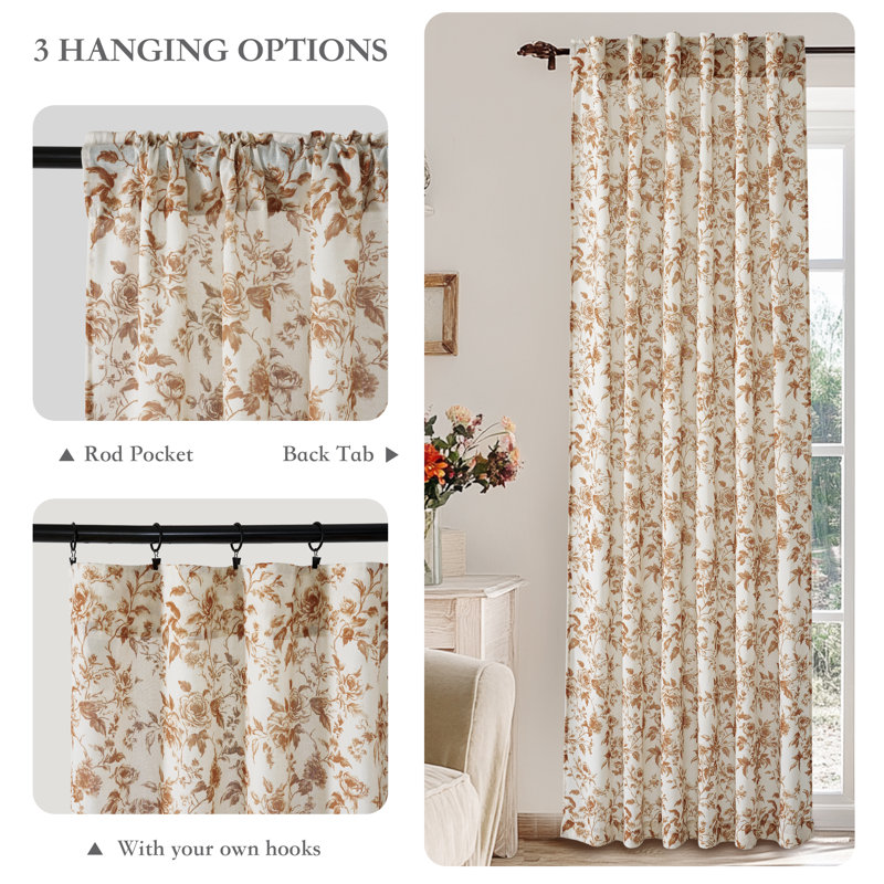  Floral Curtains for Living Room, Semi Sheer Linen Curtains Light Filtering Farmhouse Back Tab Rod Pocket Window Drapes,2 Panels