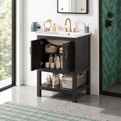 Single Bathroom Vanity with Ceramic Sink, Open Shelf, 2 Drawers