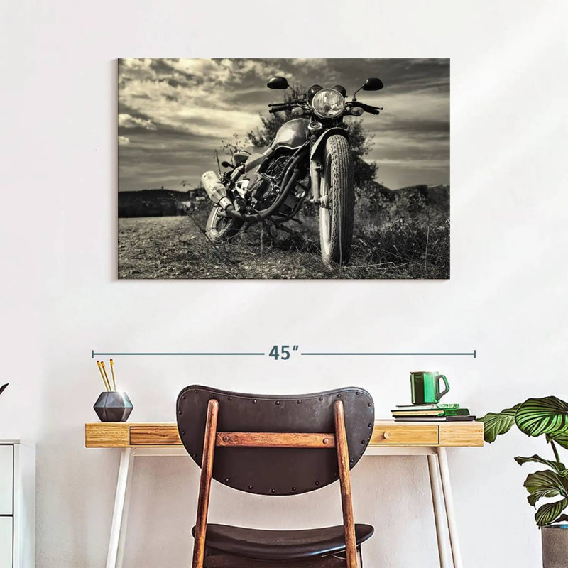 Motocyclette d'extérieur rétro sur toile, H 26 po x l 39 po x P 1,25 po