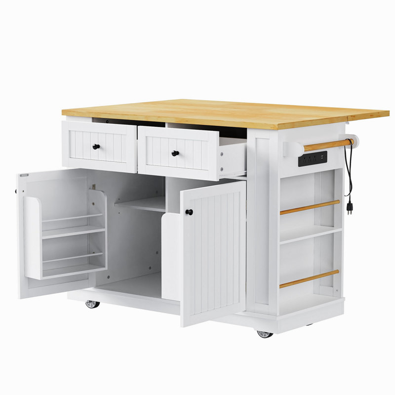 Îlot de cuisine 48 pouces avec rallonge, prise de courant, support de rangement interne, chariot de rangement sur roulettes sur 5 roulettes avec 5 supports latéraux ouverts pour la cuisine, blanc (ancien SKU N707P257057W) (ne comprend pas les tabourets)