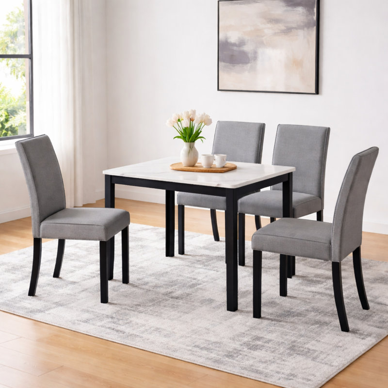 Borea 4 - Person Wooden-Frame Upholstered Dining Set with Square Faux-Marble Pattern top table