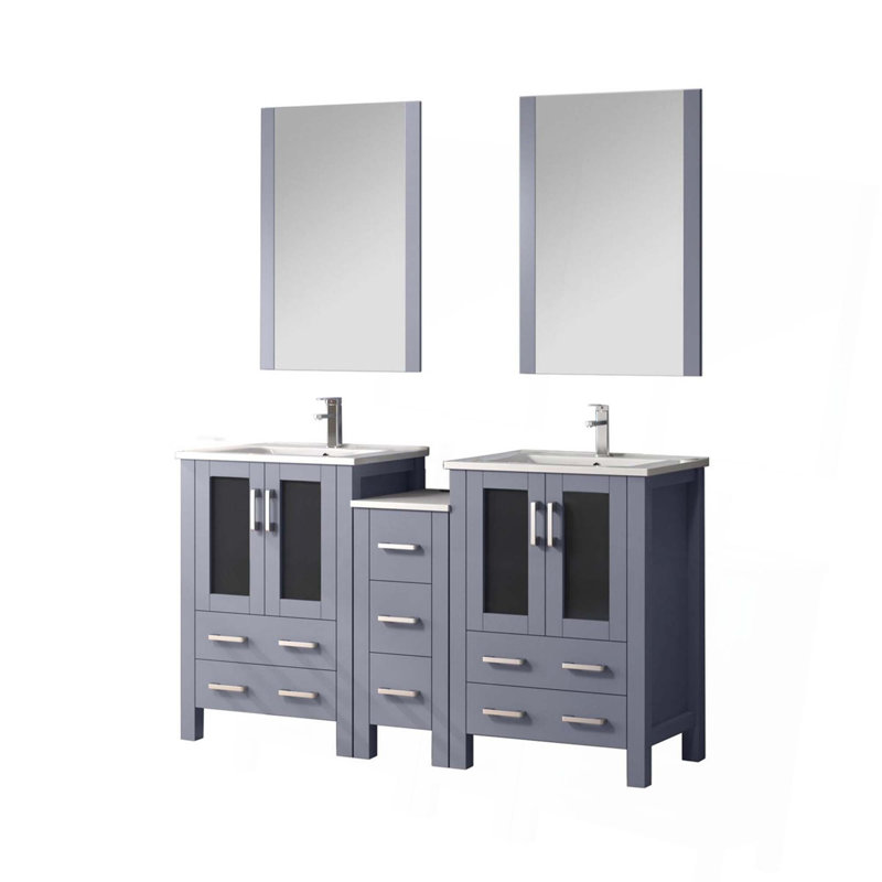 Meuble-lavabo double avec armoires latérales, ensemble de robinet, comptoir en céramique et miroirs