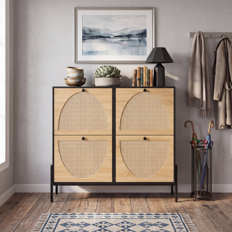 Narrow Rattan Shoe Cabinet With 4 Flip-Down Doors - Space-Saving Entryway Storage Organizer | Gift Idea, Black