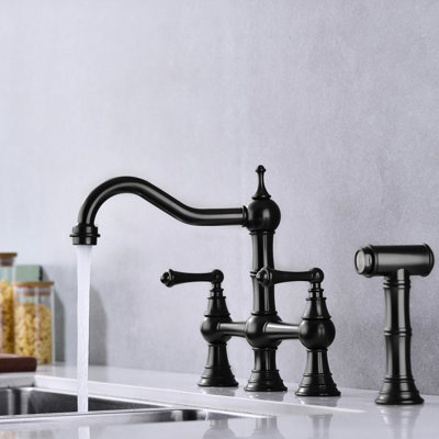 Matte Black Bridge Kitchen Faucet, Dual Handles With Pull-Out Spray, Brass, Corrosion, Leak-, 360-Degree Rotating Unending Nozzle Faucet Side Black, Rust, Corrosion And Leak,