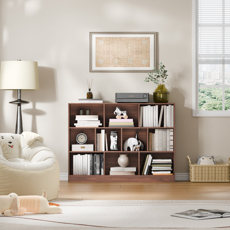 Presly 3  Tier Cube Bookcase Modern Bookshelf with 10 Cubes, Brown, (10 Shelves) 33.07"H x 43.31"W x 11.61"D