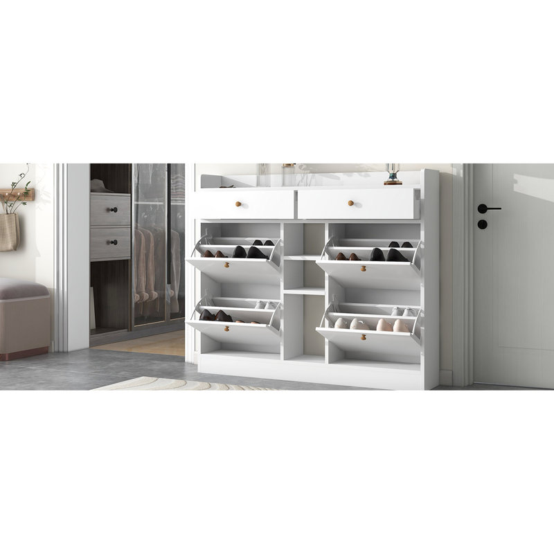 2 Entrance Hallway Shoe Cabinet - White With Drawers, Modern Style, Space Saving For 4 Flip Finish,, White