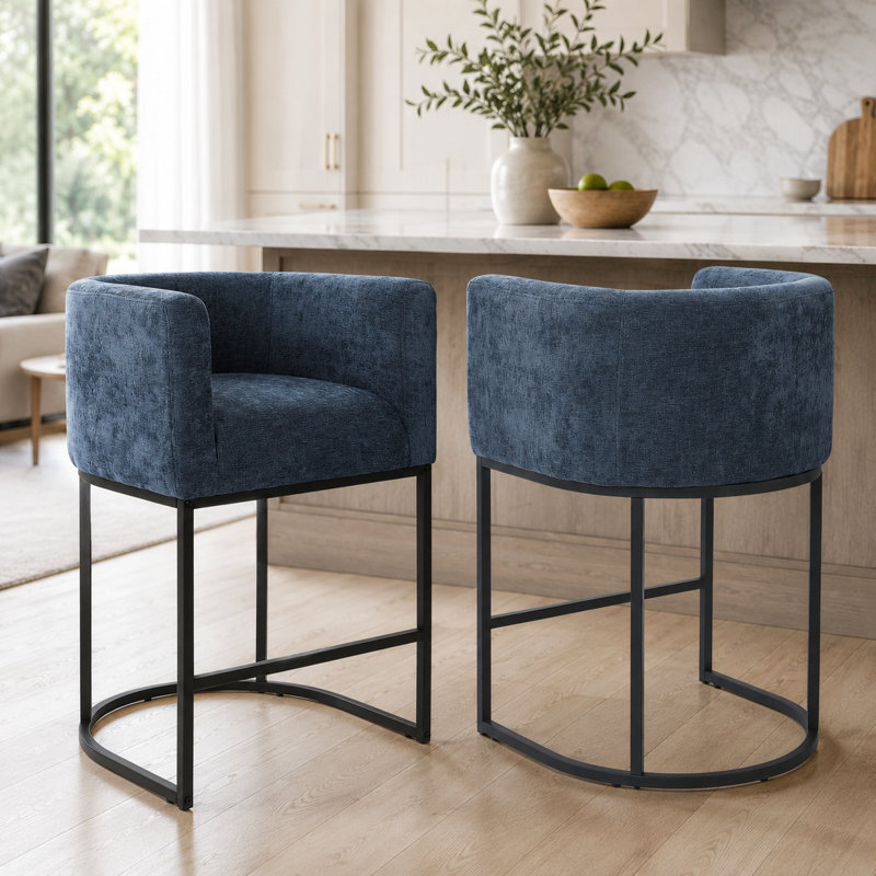 Upholstered Barrel Counter Stool, Blue, Black