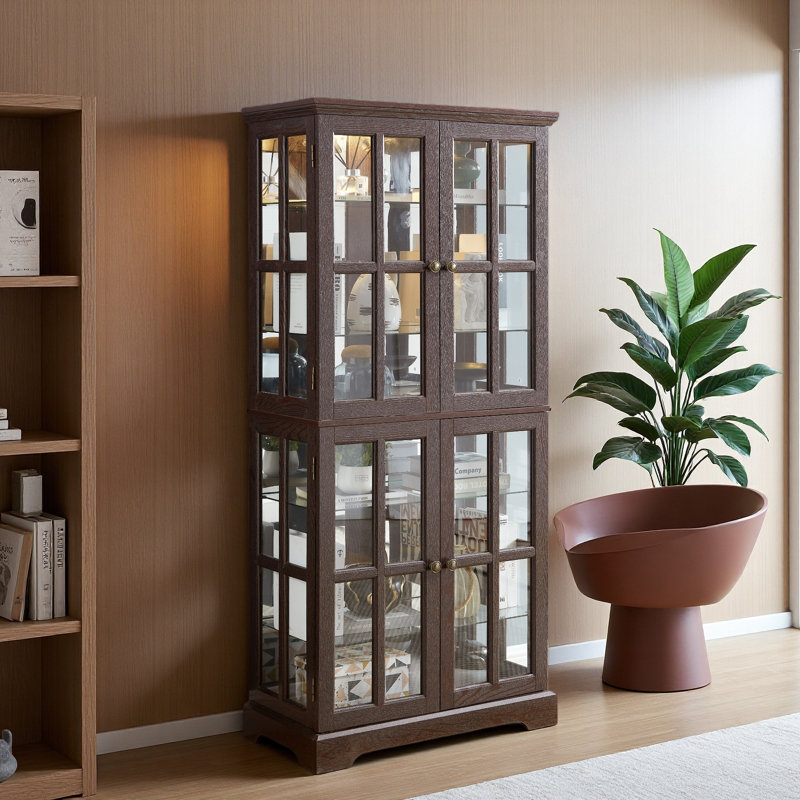 Display Cabinet, Antique Display Cabinet With Glass Doors Adjustable Shelves For Collectibles Four Door Design Vintage Showcase For Home Or Office Antique Display Case E26 Bulb Included CHE