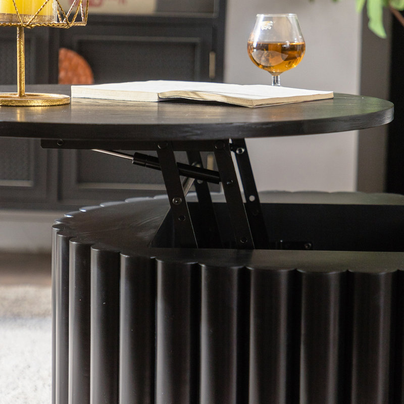 Round Coffee Table With Lift Handcrafted Relief Sturdy Pedestal Wooden Tea Table For Living Room No Need To Assemble, Black