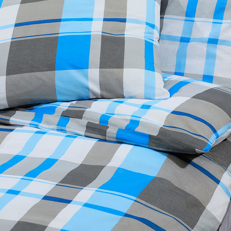 Grey Microfibre Duvet Cover Set, Super King - 2 Standard Pillowcases, Blue/Grey Plaid